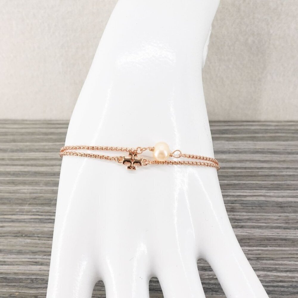 Tory Burch Logo Pearl Slider Adjustable Bracelet Rose Gold OS - Picture 10 of 12